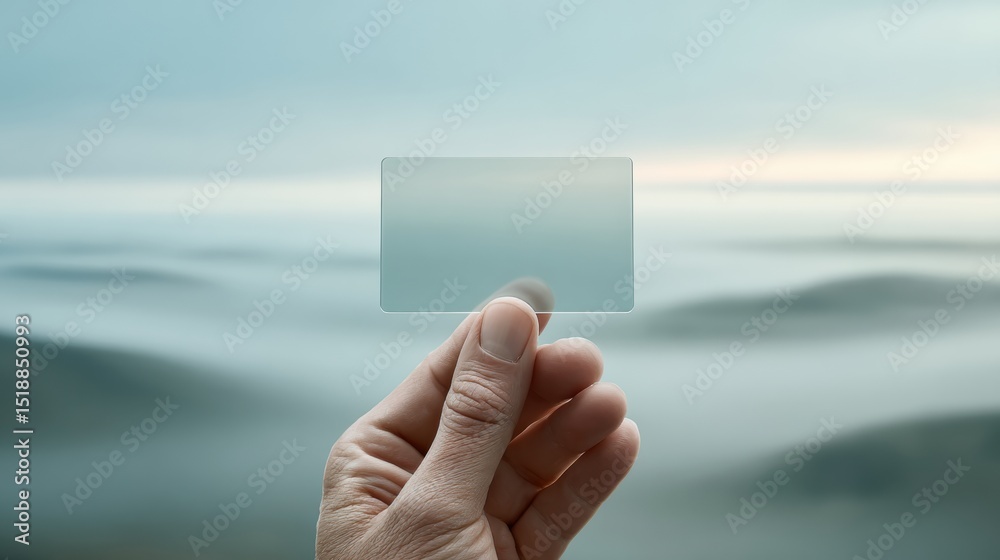 Poster Transparent Business Card Held by Hand with Rounded Corners Against Soft Blurred Background - Modern Acrylic Design for Innovative Branding and Professional Identity