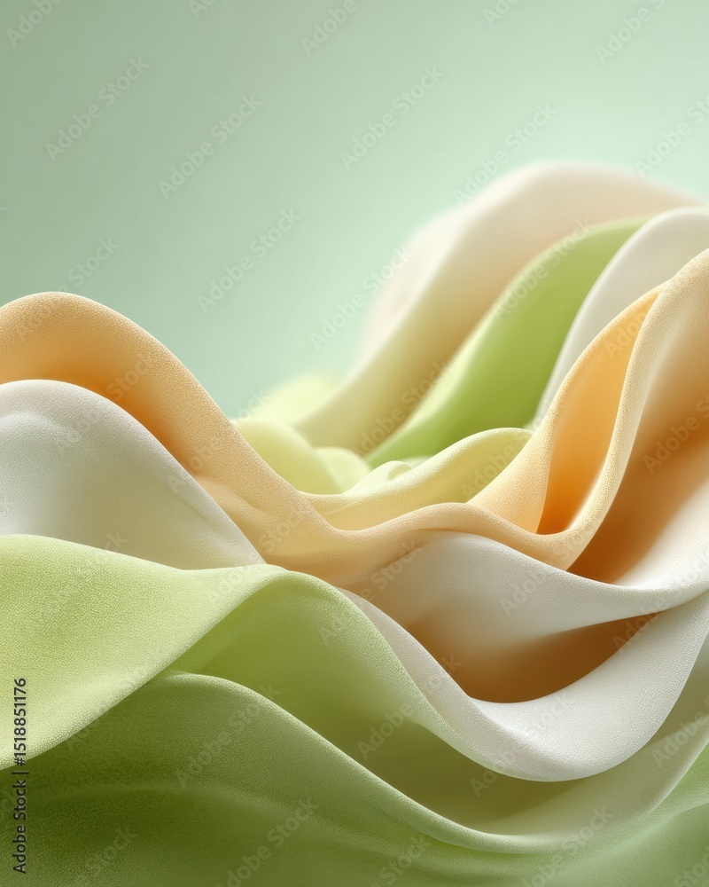 Poster soft fabric waves in pastel green and peach hues showcasing delicate texture and flowing abstract de