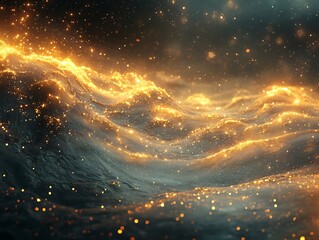 Mystical golden wave of shimmering particles illuminates the night sky