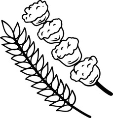 Wheat and cotton branch black and white line illustration  