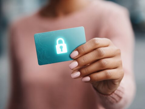 Modern Mobile Payment Security Concept with Digital Padlock Hologram on Credit Card in Hand - Cybersecurity and Online Banking Protection Marketing