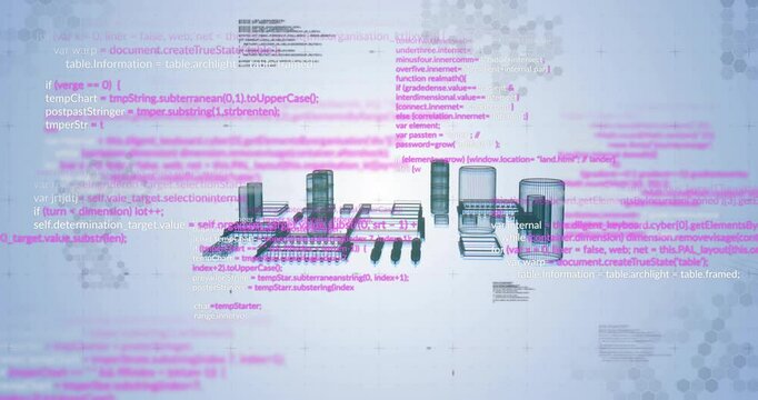 Outline shapes rising into 3D modules under pink code scrolling, merging into single chip module