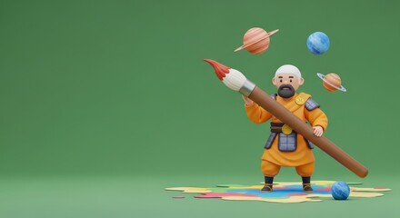 Astronaut drawing planets with a giant crayon