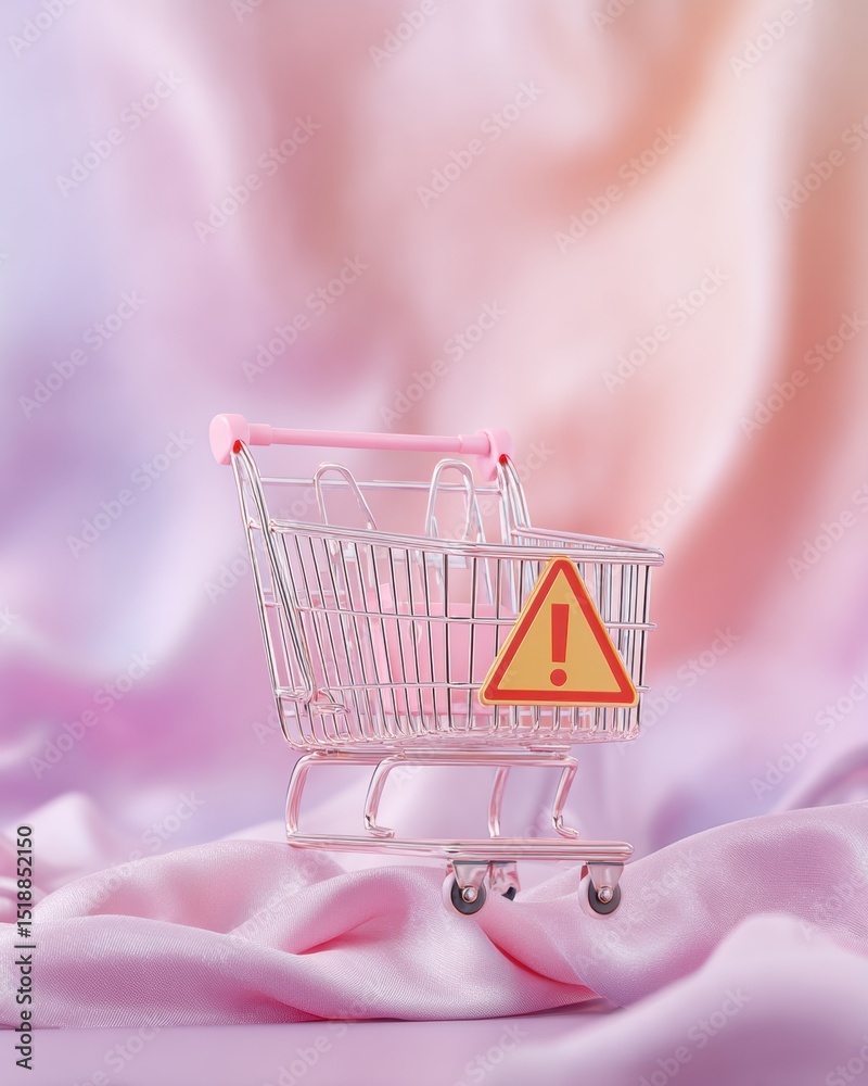 Aufkleber miniature shopping cart with warning sign on soft pink fabric - e-commerce alert symbol for digital 