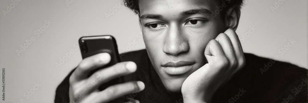 Poster focused young man using smartphone for social media scroll in modern digital lifestyle - tech engage