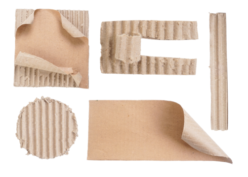 Set collection of brown corrugated cardboard in various shapes isolated on transparent background - Powered by Adobe