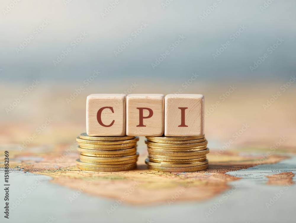 Poster wooden cpi blocks on gold coins with world map background representing global inflation impact and c