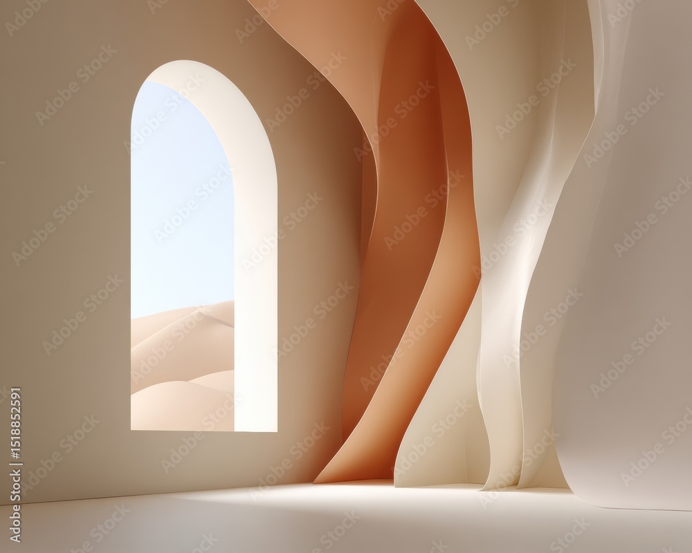 Poster minimalist abstract architectural interior with smooth flowing curved forms and soft natural light f