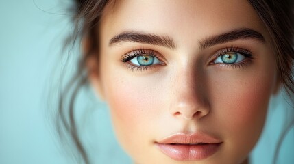 Obraz premium Close up portrait of a young woman with blue eyes and fair skin against a light blue background