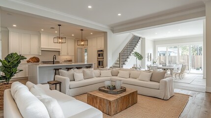 Fototapeta premium Bright open concept living space with white sofas and a kitchen in the background of the room