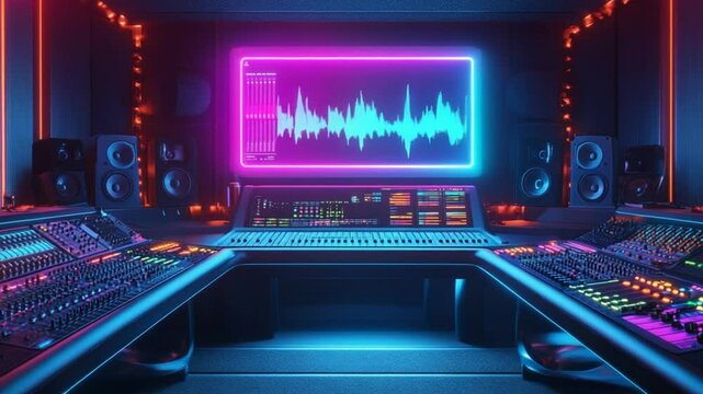 Futuristic neon music recording studio with console mixer and sound wave display