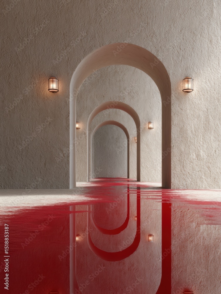 Poster minimalist arched corridor with soft wall lights and reflective red floor enhancing modern architect