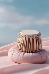 Traditional Indian Tabla Drum Pair on Soft Circular Cushions with Handcrafted Details for Music School and Cultural Education Advertising