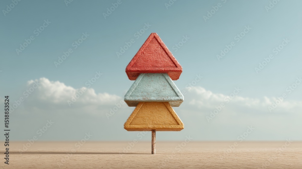 Aufkleber Modern Abstract Wooden Triangle Stack Sculpture on Sand Against Clear Sky with Minimalist Design and Natural Textures for Creative Branding
