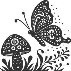 Floral leaf with a butterfly drawing vector silhouette