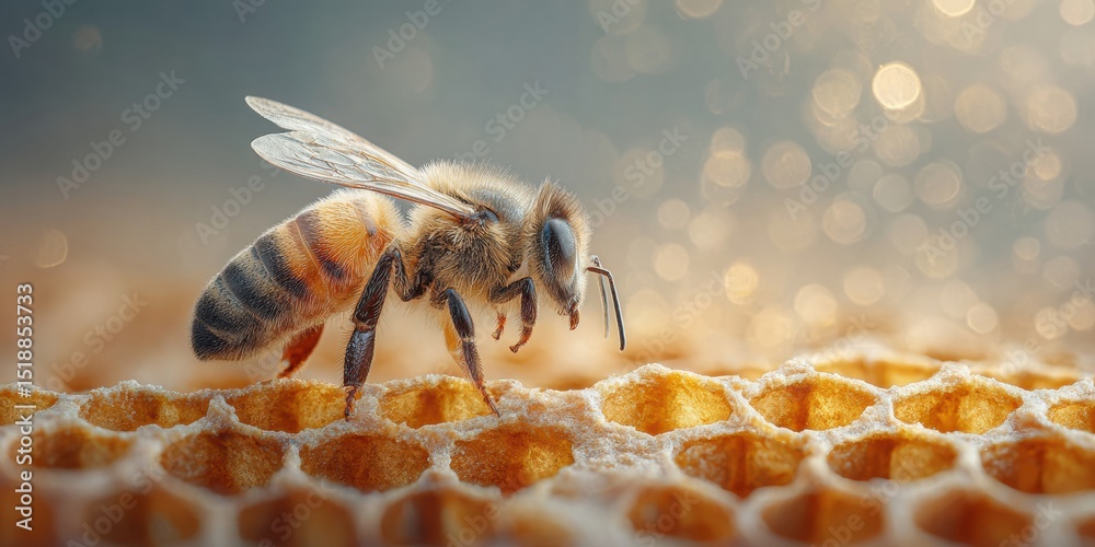 Fototapete close-up of queen bee on hexagonal honeycomb with worker bees demonstrating colony productivity and 