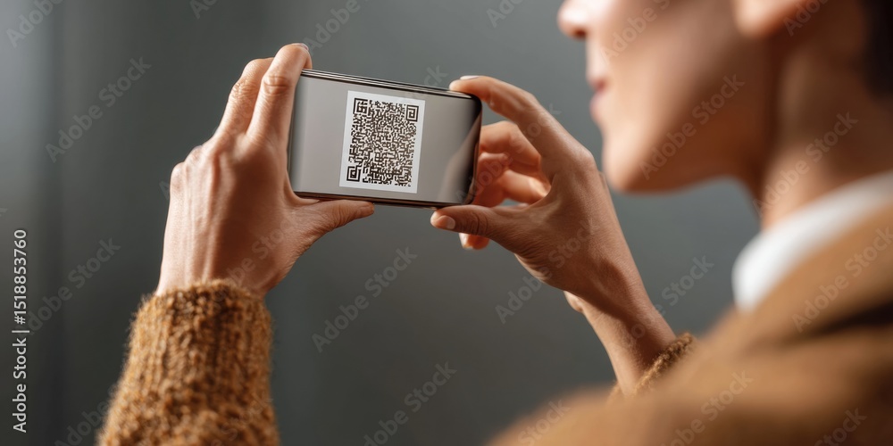 Poster Modern Contactless Interaction with Smartphone Scanning QR Code on Glass Partition for Digital Retail and Enhanced Customer Experience