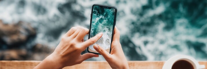 Hands Using Smartphone to Scan QR Code Menu on Wooden Restaurant Table with Coffee - Modern Digital Dining and Hospitality Marketing Concept