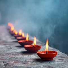 Spiritual Oil Lamps Line Temple Corridor with Glowing Flames and Rising Incense Smoke for Religious Tourism and Devotional Practice Marketing