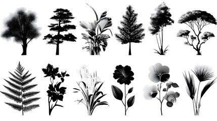 Nature Botanical Illustration: Black and White Tree, Leaf, and Flower Art with Ornamental Sketch Design
