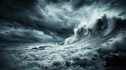 Aerial perspective of colossal ancient tsunami waves violently colliding with rugged rocky coastline, towering dark aqueous walls amidst dramatic stormy clouds