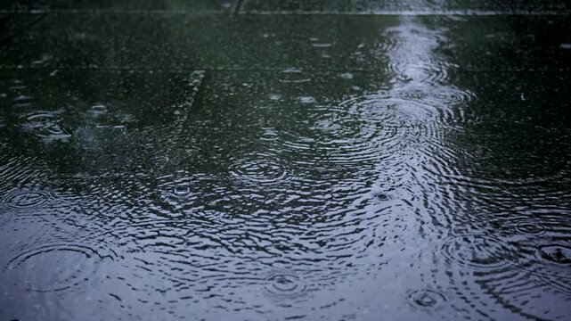 6月・梅雨　地面の水たまりに降る雨　落ちる滴と波紋のスローモーション　石の表面に張った水たまり　季節・天気のの背景　