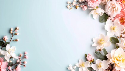 Elegant light blue floral background with delicate white and pink blossoms arranged in the corners, ideal for romantic invitations, greeting cards, spring banners, and posters
