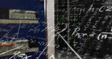 Starting blurred board, camera panning revealing equation diagrams, focusing on hardware interplay - Powered by Adobe