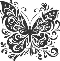 Floral leaf with a butterfly drawing vector silhouette
