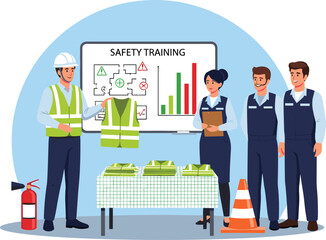 Industrial safety instructor demonstrating high visibility vests to factory workers during a safety training session with equipment and emergency procedures cartoon
