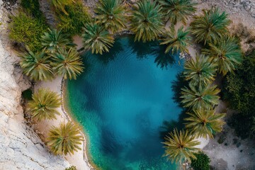 Aerial view of a remote desert oasis, with palm trees encircling a shimmering blue pond