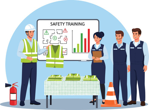 Industrial safety instructor demonstrating high visibility vests to factory workers during a safety training session with equipment and emergency procedures cartoon
