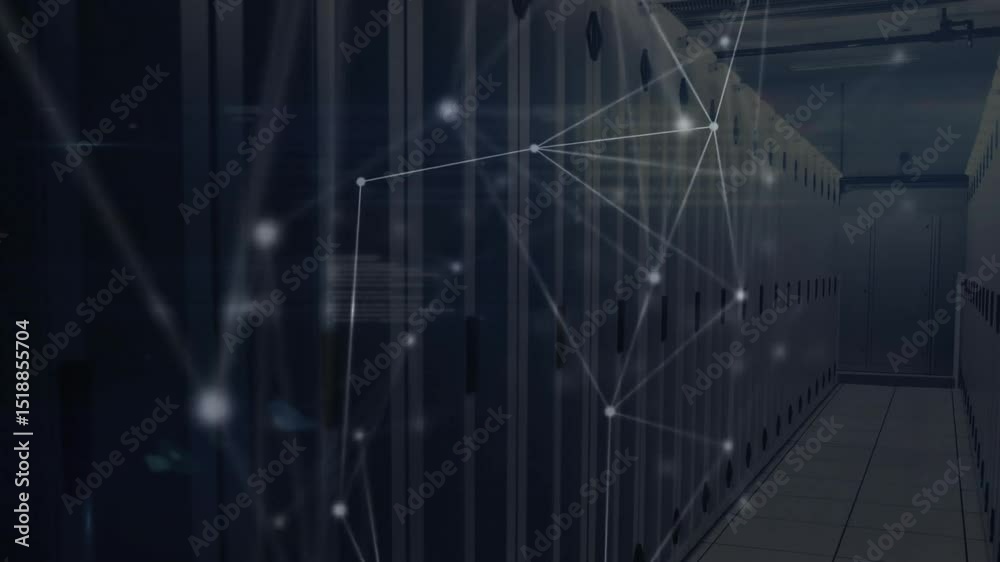 Poster faint nodes appearing along server racks, connecting and pulsing to visualize data network