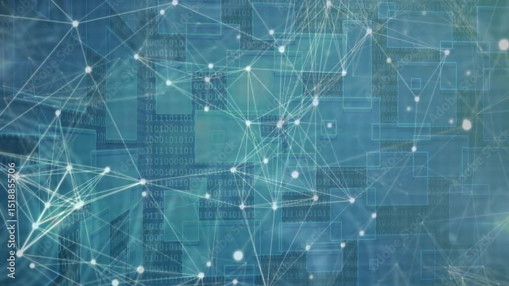Poster opening binary grid initiating glowing nodes emerging and expanding into digital network display