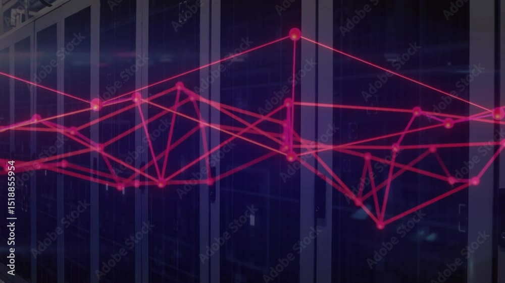 Poster on startup red wireframe network graph over server racks shifting waveform illustrating data flow
