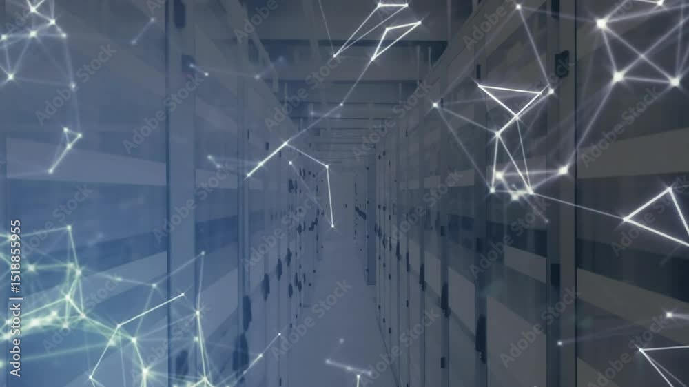 Poster at start overlay showing glowing network nodes drifting over server aisle pulsing to show data flow