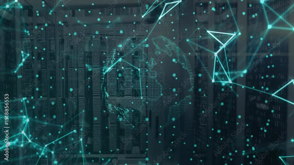 Poster teal dots forming mesh above racks initiating hologram globe rotating with pulsing rerouting data