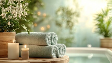 Still life of rolled towels candles and plant near a bathtub creating a spa like atmosphere
