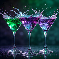 Neon Layered Martini Splash: Trio of Glowing Cocktails