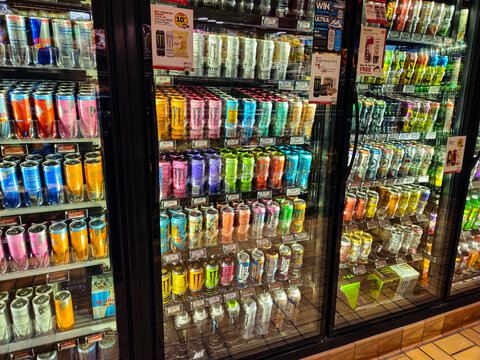 May 30, 2025: An assortment of energy drinks from different brands in a Minnesota convenience store cooler.