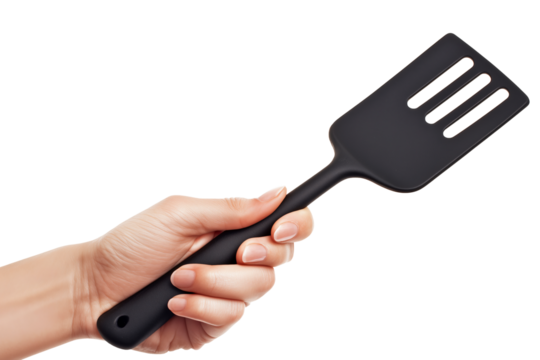 Hand Holding Black Kitchen Spatula Against a Transparent Background
