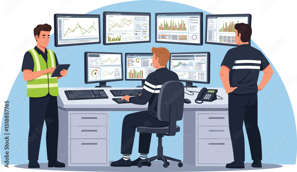 Wall mural data center control room engineering team monitoring real-time server performance and system analyti