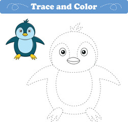Handwriting Practice. Tracing lines and coloring penguin for children. Vector Illustration