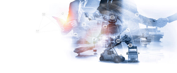 The double exposure image of the businessman using a smartphone during sunrise overlay with Logistics and transportation of Container Cargo ship and Cargo plane