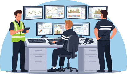 data center control room engineering team monitoring real-time server performance and system analytics in a high-tech flat cartoon