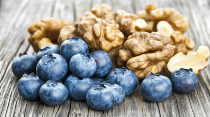 Fresh blueberries and walnuts arranged on wooden table, healthy brain food concept for memory improvement and Alzheimer prevention, superfood nutrition and wellness lifestyle.