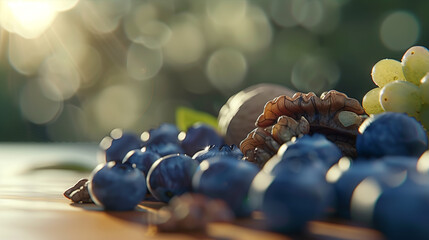 Fresh blueberries and walnuts arranged on wooden table, healthy brain food concept for memory improvement and Alzheimer prevention, superfood nutrition and wellness lifestyle.