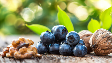 Close-up of fresh blueberries and walnuts arranged on a rustic wooden table illuminated by soft morning sunlight, symbolizing brain-healthy superfoods for Alzheimer's prevention and cognitive wellness