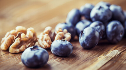 Close-up of fresh blueberries and walnuts arranged on a rustic wooden table illuminated by soft morning sunlight, symbolizing brain-healthy superfoods for Alzheimer's prevention and cognitive wellness