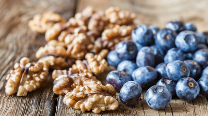 Close-up of fresh blueberries and walnuts arranged on a rustic wooden table illuminated by soft morning sunlight, symbolizing brain-healthy superfoods for Alzheimer's prevention and cognitive wellness